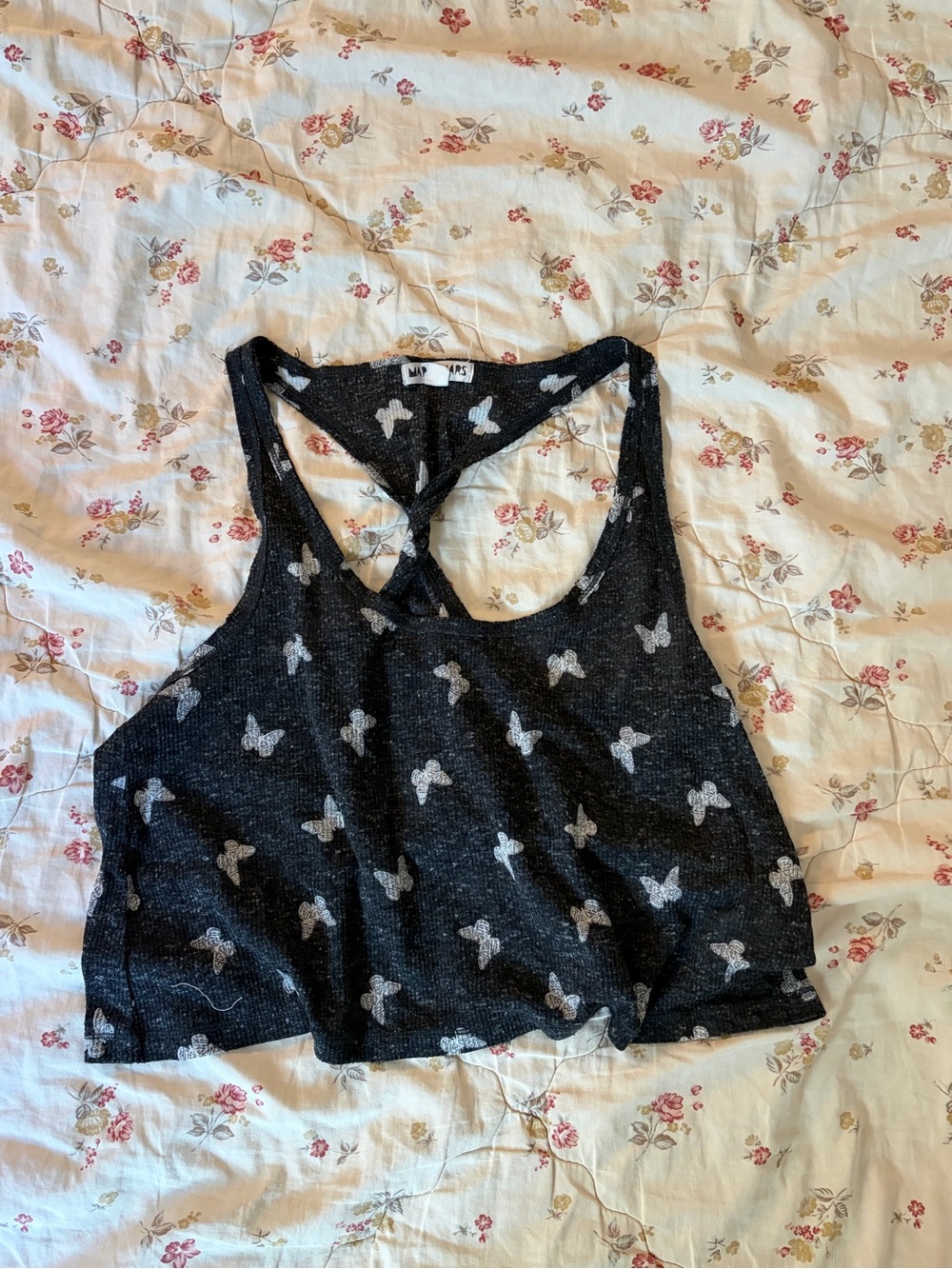Black Cropped Tank with Gray Butterfly Motif